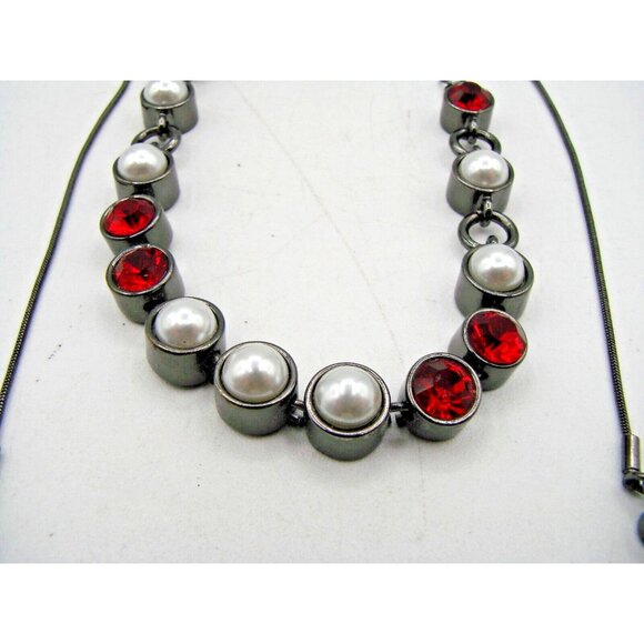 Blackened Silver Necklace and Bracelet Set Faux Pearls Red Rhinestones Jewelry - Picture 3 of 10